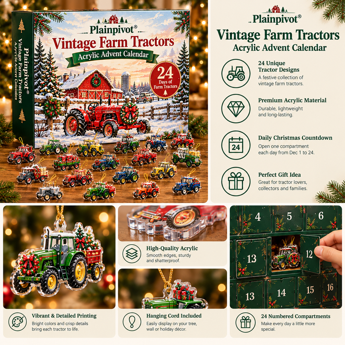 Plainpivot® Vintage Farm Tractors Acrylic Advent Calendar