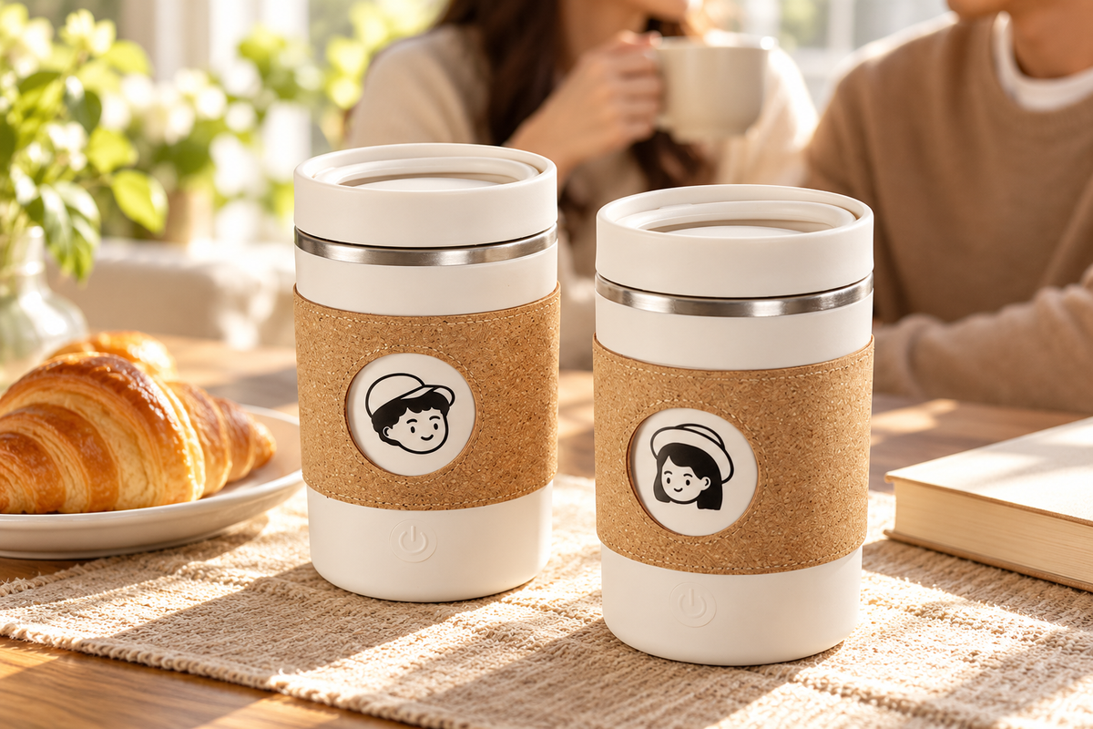 Matching For Him and For Her self-stirring coffee cups at a sunny breakfast table