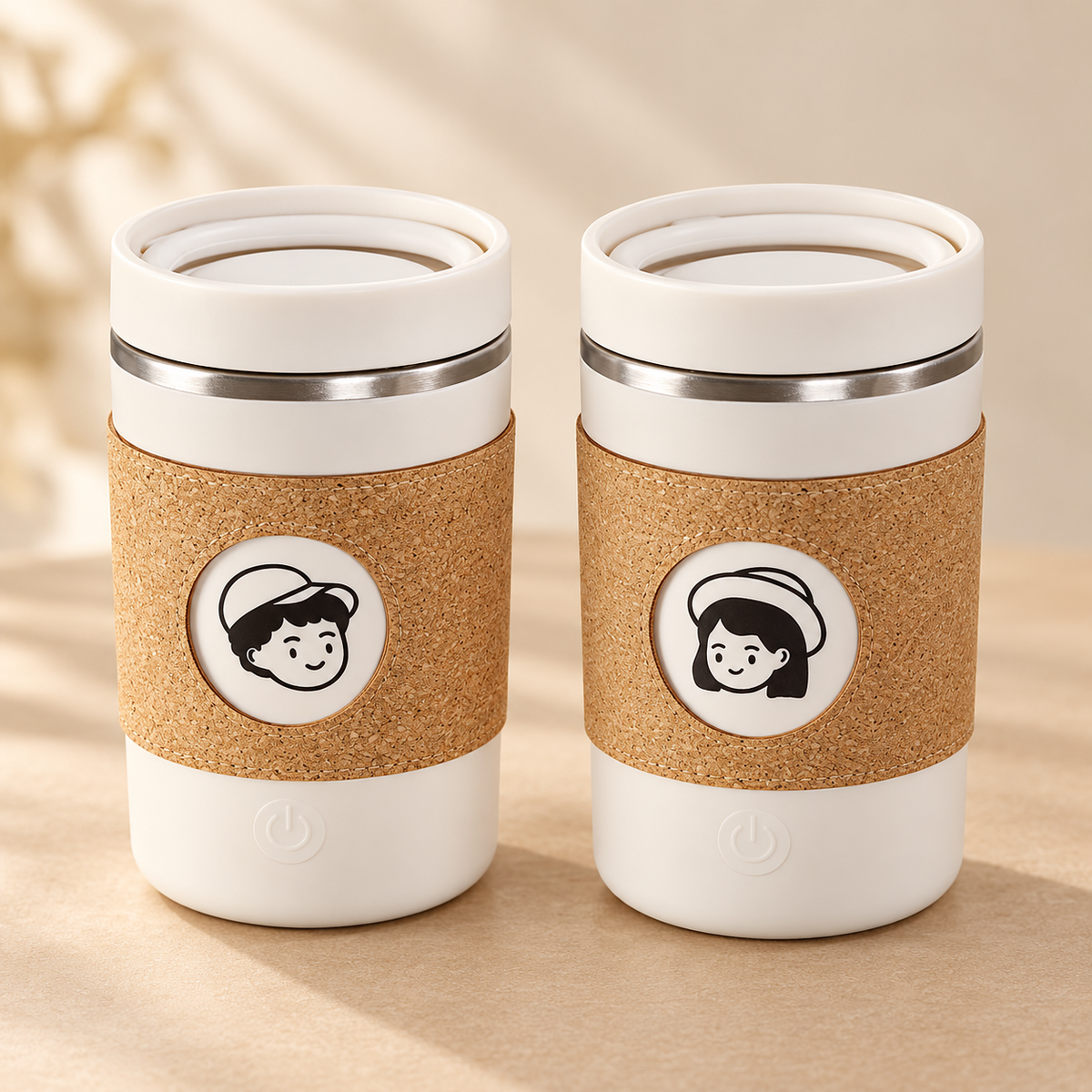 For Him and For Her rechargeable self-stirring coffee cups with matching cork sleeves